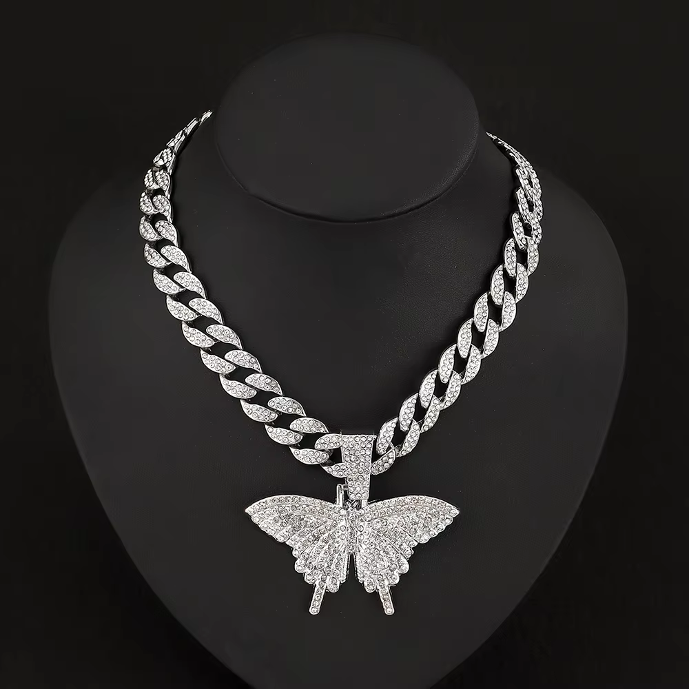 1 butterfly shaped pendant, Cuban necklace, gold full diamond, hip-hop style jewelry, fashionable personality