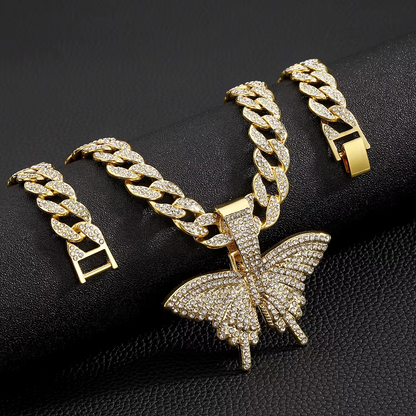 1 butterfly shaped pendant, Cuban necklace, gold full diamond, hip-hop style jewelry, fashionable personality