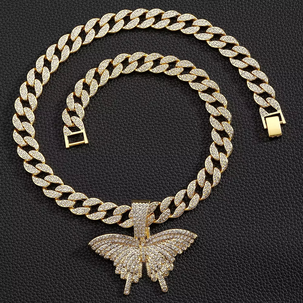 1 butterfly shaped pendant, Cuban necklace, gold full diamond, hip-hop style jewelry, fashionable personality