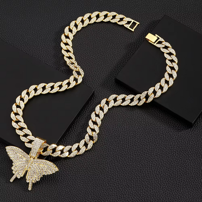 1 butterfly shaped pendant, Cuban necklace, gold full diamond, hip-hop style jewelry, fashionable personality