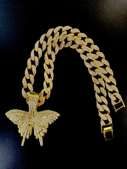 1 butterfly shaped pendant, Cuban necklace, gold full diamond, hip-hop style jewelry, fashionable personality