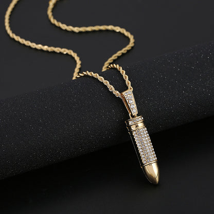 Bullet necklace, gold chain, diamond inlaid bullet pendant, hip-hop and hip-hop necklace