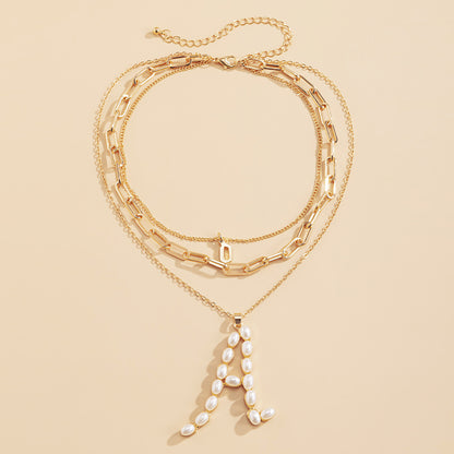 Geometric letter inlaid pearl multi-layered necklace, hip-hop fashion trend