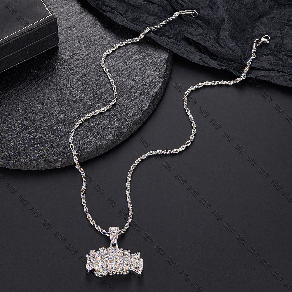 Banknote pendant necklace, set with diamonds, versatile and personalized full of diamonds