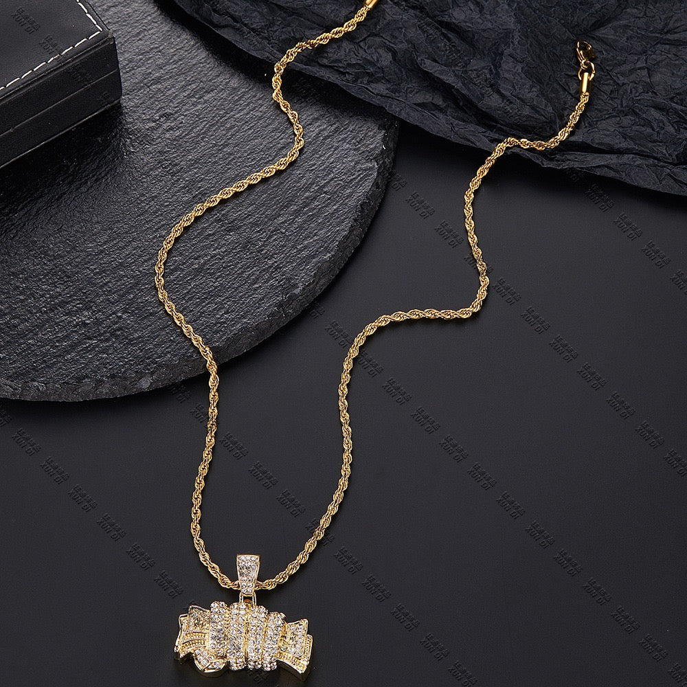 Banknote pendant necklace, set with diamonds, versatile and personalized full of diamonds