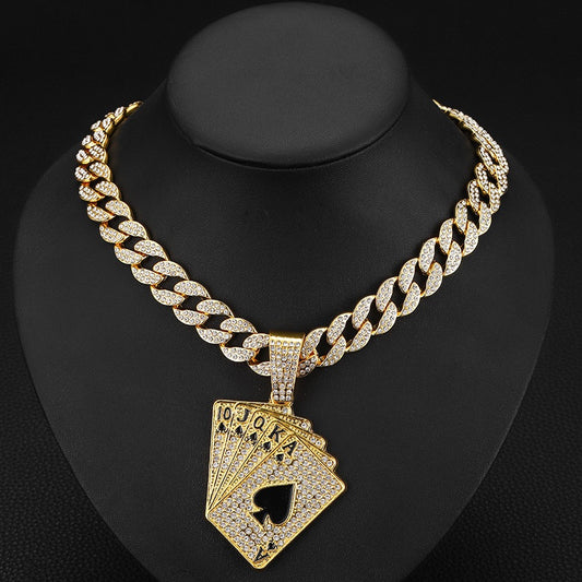 Hip hop necklace, poker pendant necklace, Cuban chain, inlaid diamond, street dance, rap men's necklace