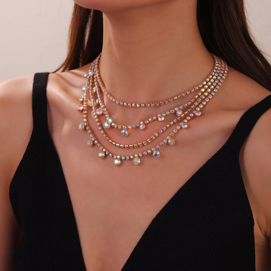 Ladies' Fashion Necklace, Multi Layer, Sparkling Diamond Set with Colorful Diamonds, Available in Three Colors