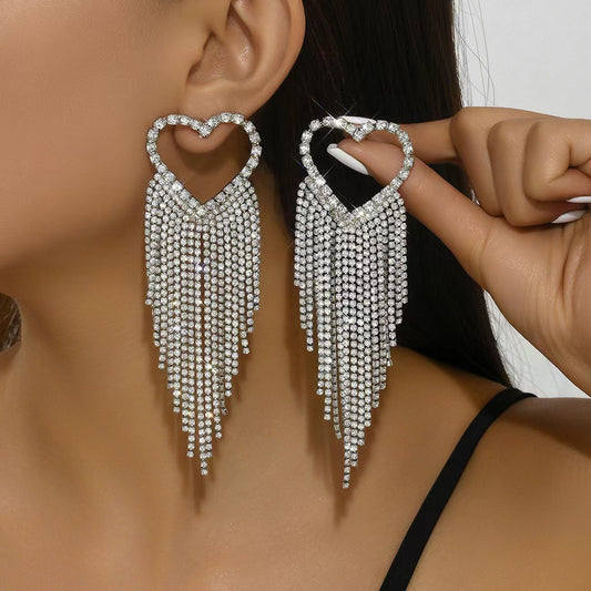 Ladies' fashionable earrings, heart-shaped, diamond studded tassel earrings