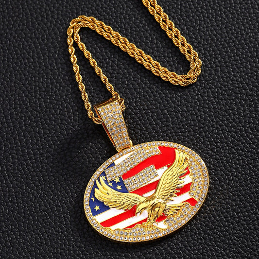 American flag necklace with carved eagle, very domineering