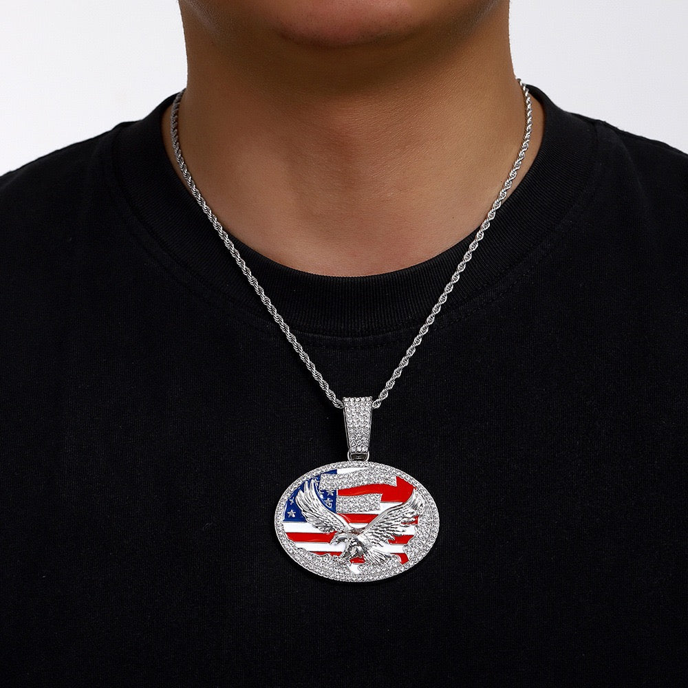 American flag necklace with carved eagle, very domineering