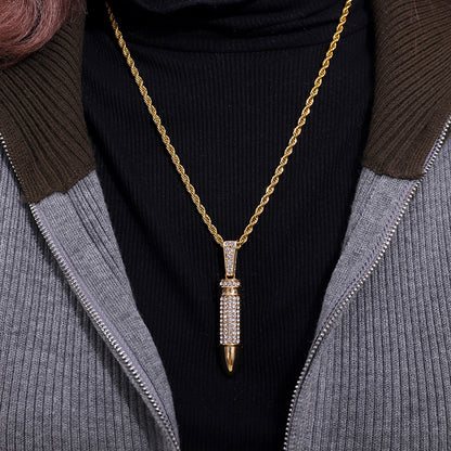 Bullet necklace, gold chain, diamond inlaid bullet pendant, hip-hop and hip-hop necklace