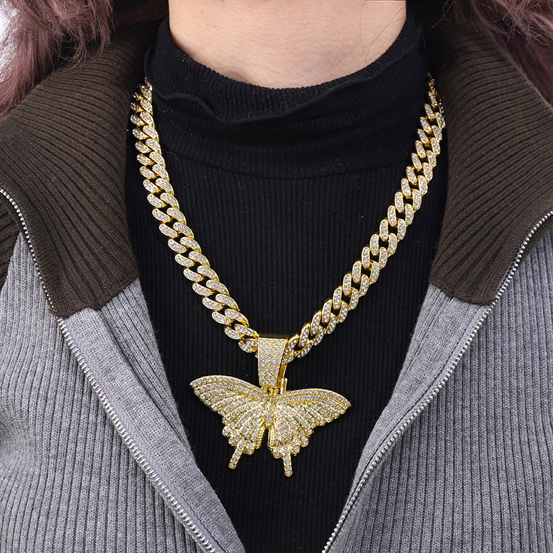 1 butterfly shaped pendant, Cuban necklace, gold full diamond, hip-hop style jewelry, fashionable personality